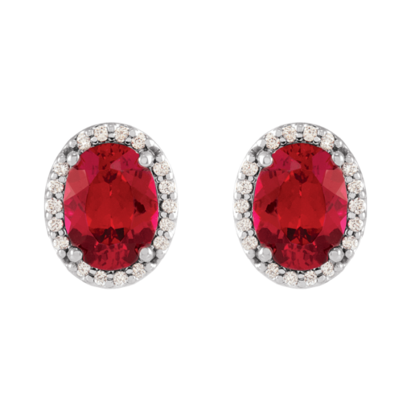 14K White Gold 5x3 mm Lab-Grown Ruby & .04 CTW Natural Diamond Halo-Style Earrings