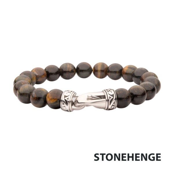 Stonehenge:10mm Tiger Eye Stone Bead Bracelet with Antiqued Stainless Steel Clasp In stock