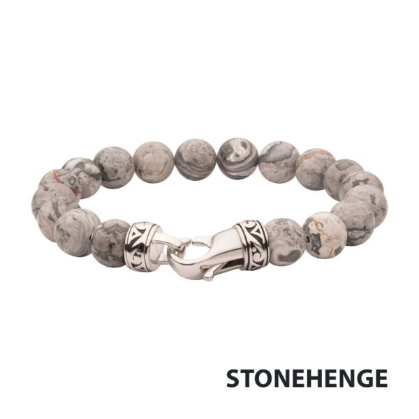 Stonehenge: 10mm Gray Jasper Stone Bead Bracelet with Antiqued Stainless Steel Clasp
