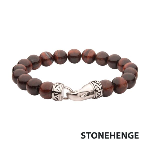 STONEHENGE:10mm Red Tiger Eye Stone Bead Bracelet with Antiqued Stainless Steel Clasp