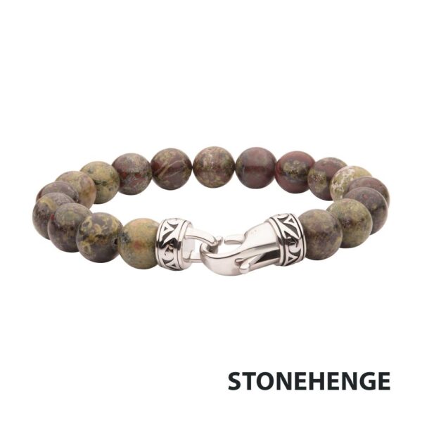 STONEHENGE:10mm Dragon Blood Jasper Stone Bead Bracelet with Antiqued Stainless Steel Clasp