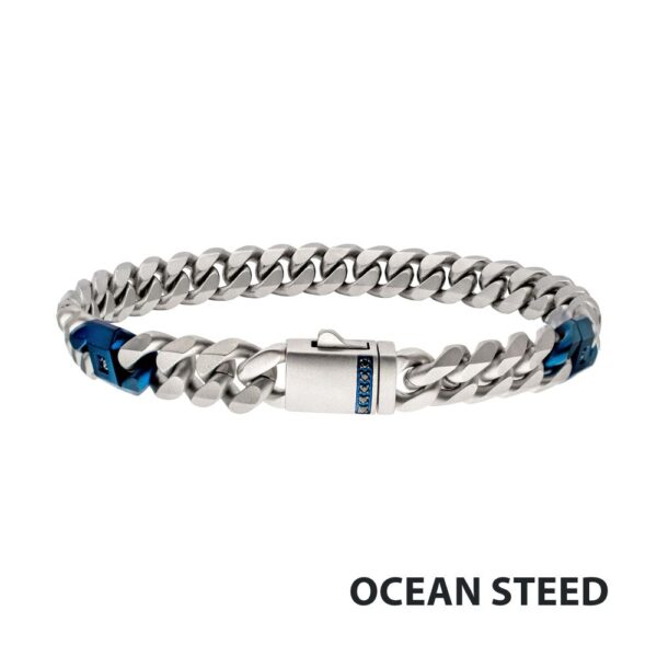 OCEAN STEED: Matte Finish Steel Beveled Cuban with Two Blue IP Links & Black Sapphire Chain Bracelet 6mm
