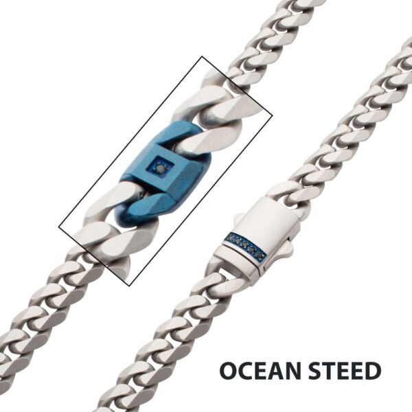 OCEAN STEED: Matte Finish Steel Beveled Cuban with Two Blue IP Links & Black Sapphire Chain Necklace 6mm