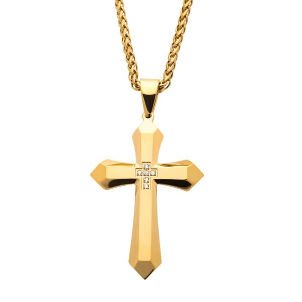 SPIRITUAL: Gold IP Cross with 6pcs CNC Prong Set Clear AAA CZ Pendant, with Gold IP Wheat Chain