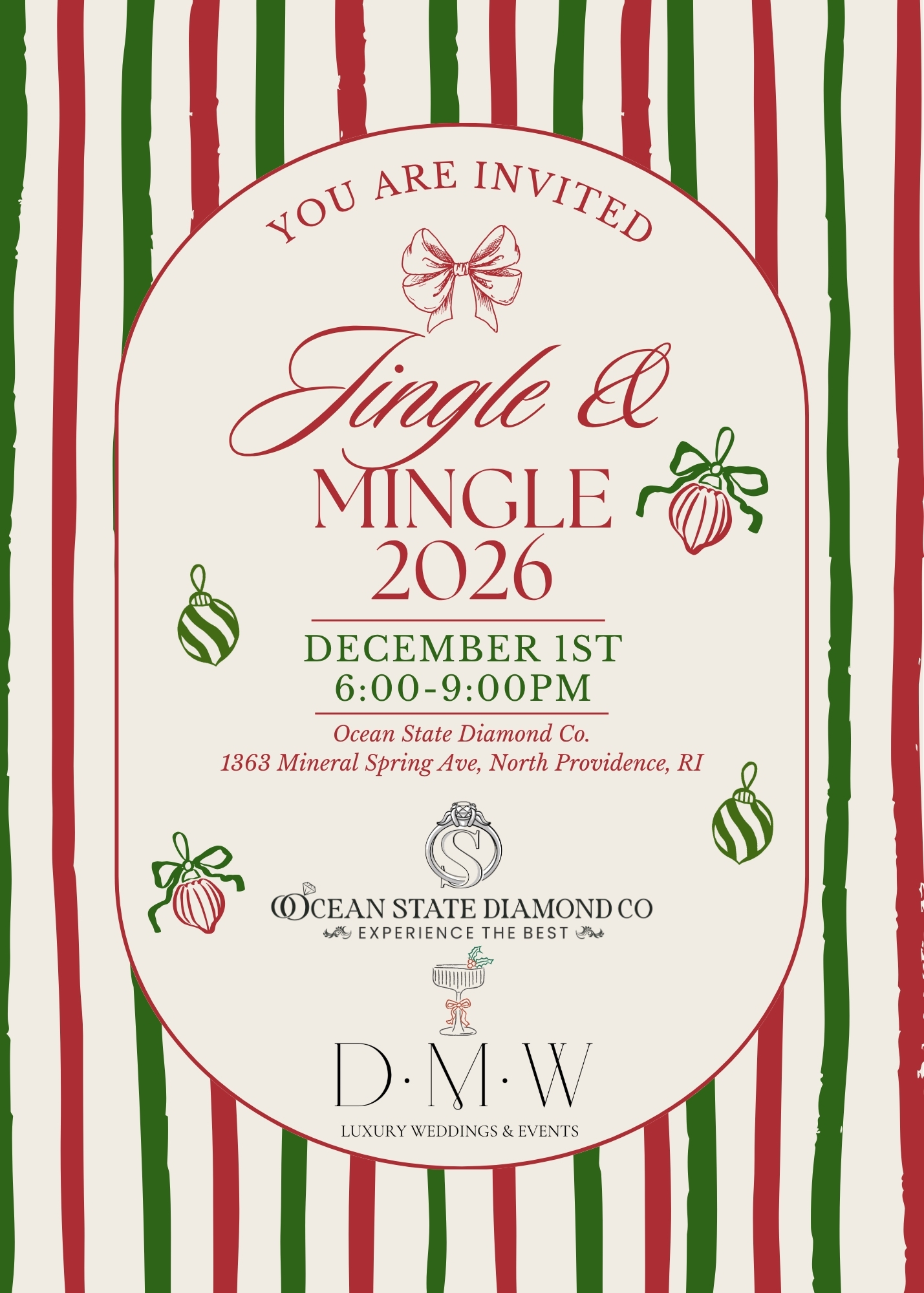 Jingle and Mingle 2026 invitation, December 1, 6 to 9 PM, at Ocean State Diamond Co. in North Providence